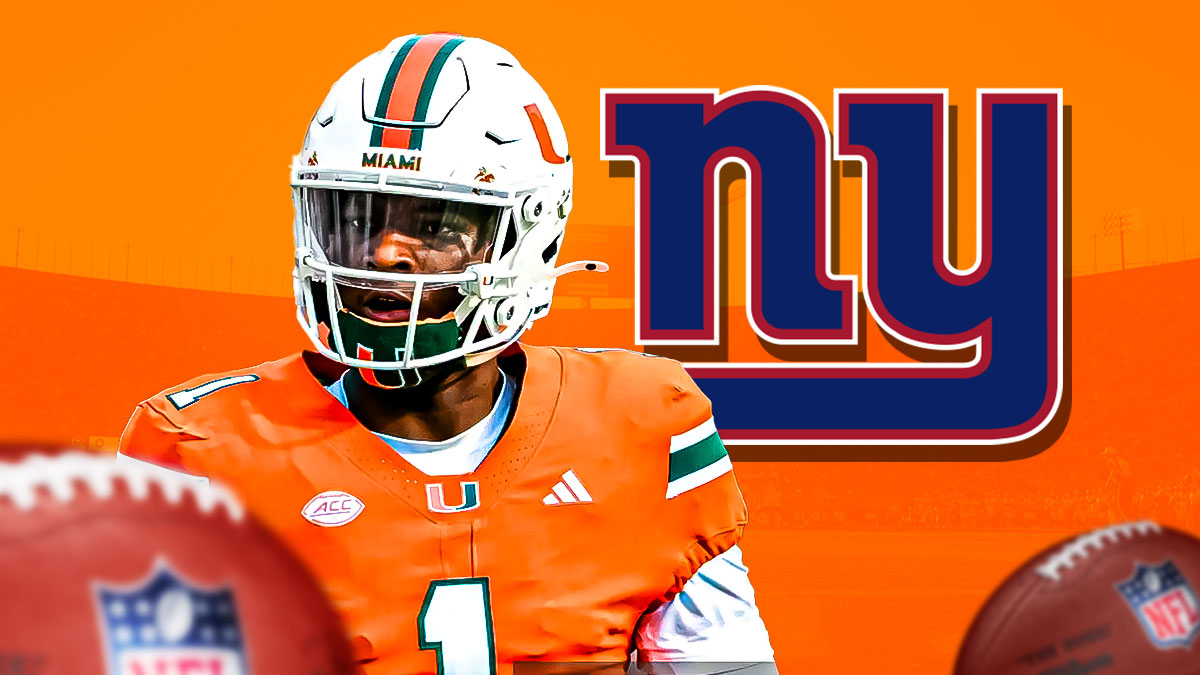 Miami Hurricanes QB Cam Ward with New York Giants logo behind him as the Giants scouted Cam Ward Saturday after releasing daniel jones.