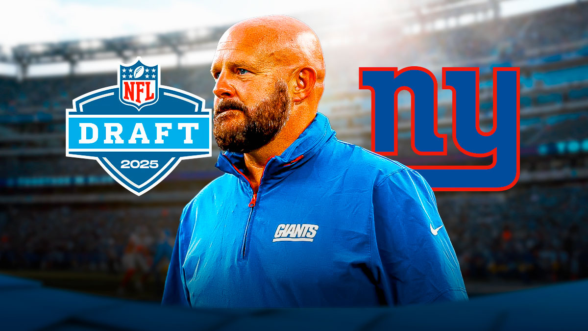 Image of Brian Daboll looking sad next to logo of NFL Draft. Giants logo in background
