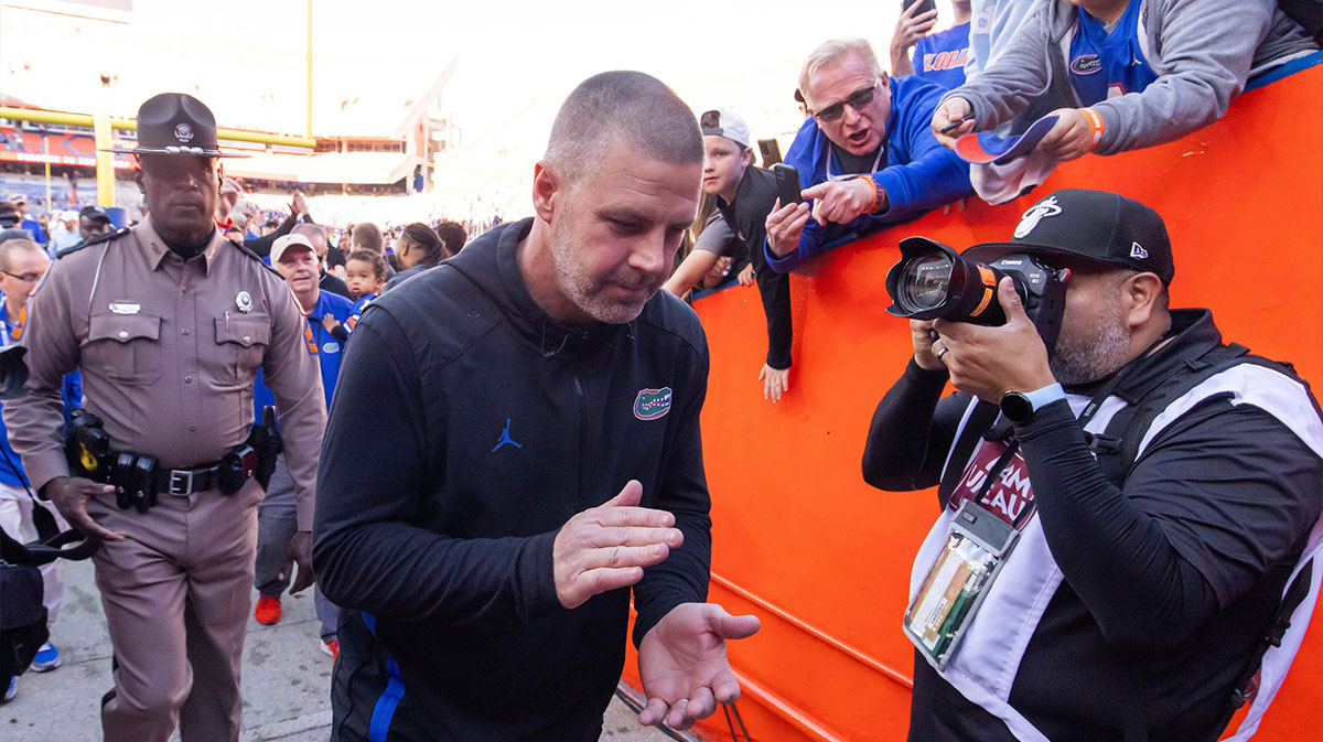 Florida Gators head coach Billy Napier claps his hands at Ben Hill Griffin Stadium in Gainesville, FL on Saturday, November 23, 2024 after the Gators defeated the Rebels 24-17 [Doug Engle/Gainesville Sun]