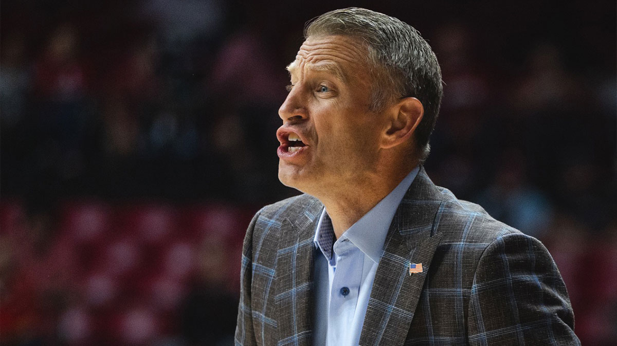 Nov 11, 2024; Tuscaloosa, Alabama, USA; Alabama Crimson Tide head coach Nate Oats shouts to his players from the bench during the first half against the McNeese State Cowboys at Coleman Coliseum.