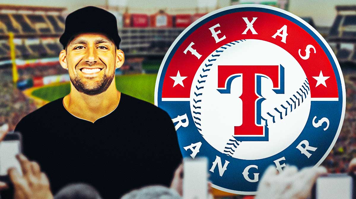 Nathan Eovaldi (Rangers) wearing a blank jersey, Texas Rangers logo in background and Globe Life Park