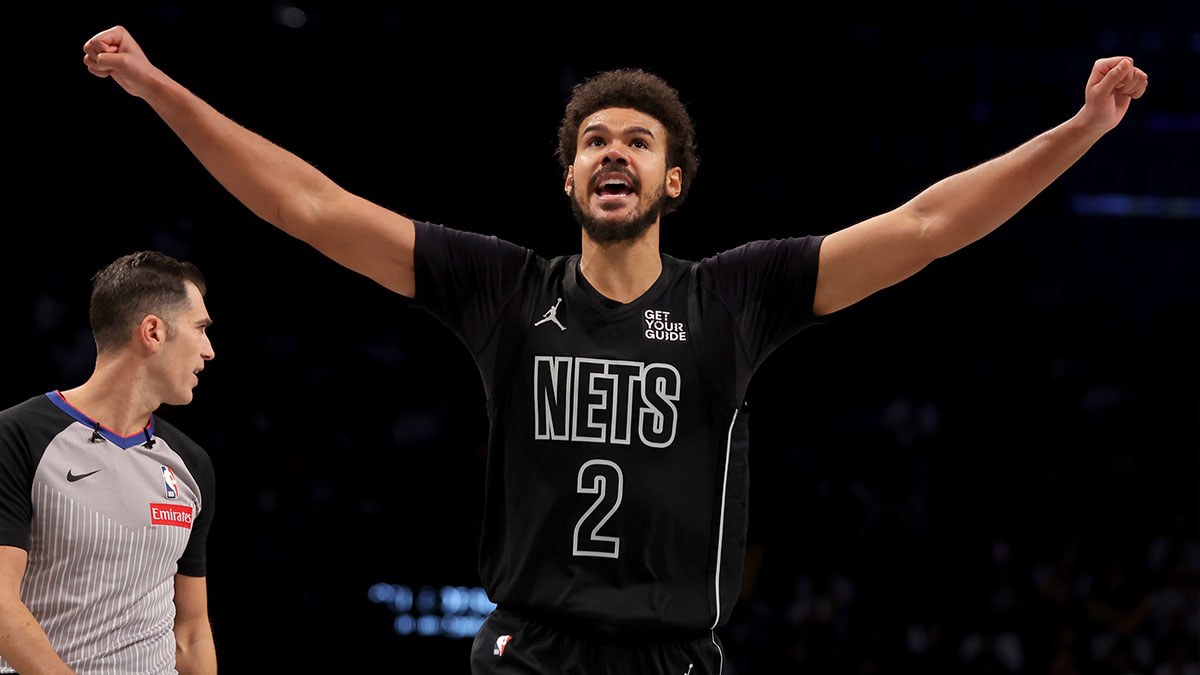 Brooklyn Nets forward Cameron Johnson (2) reacts during the fourth quarter against the Charlotte Hornets at Barclays Center.