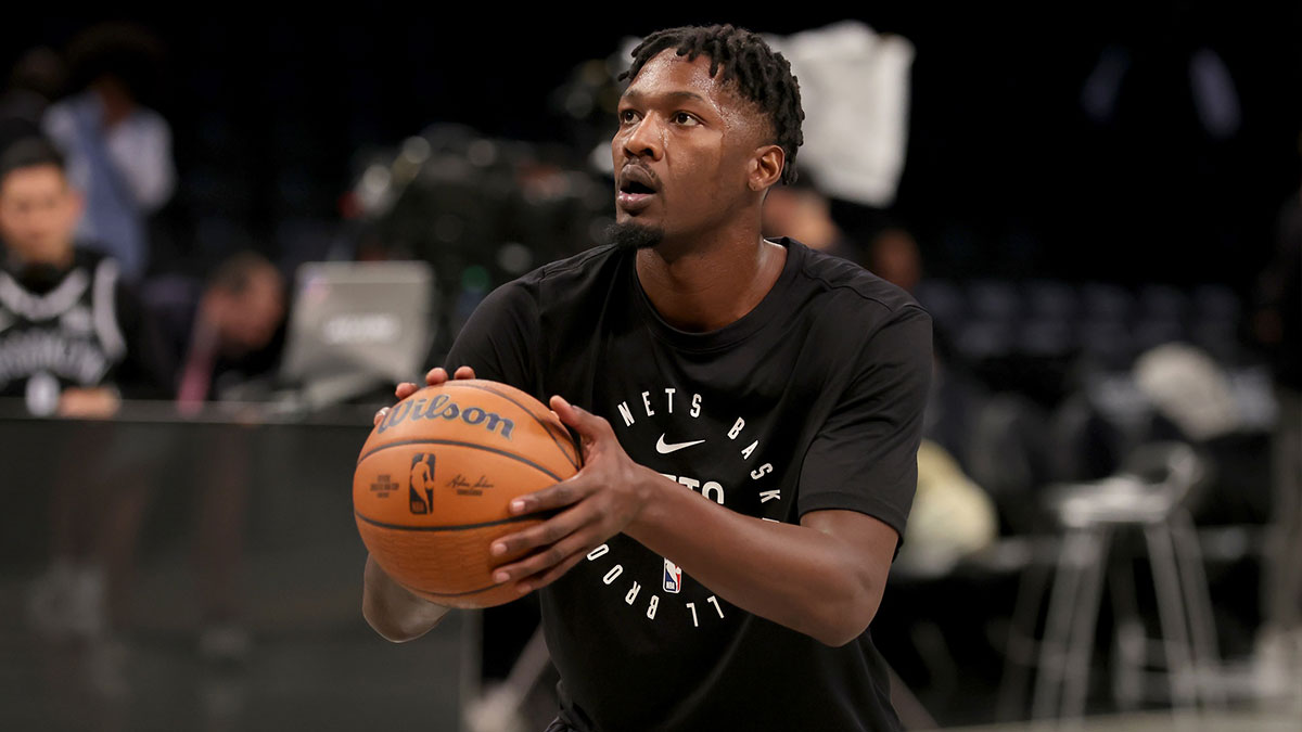 Brooklyn Nets forward Dorian Finney-Smith (28) warms up before a game against the Charlotte Hornets at Barclays Center.