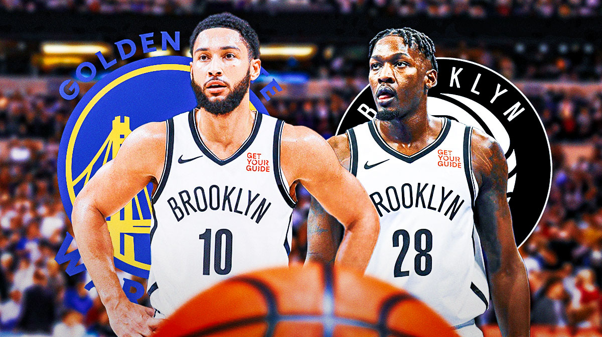 Ben Simmons and Dorian Finney-Smith with Nets and Warriors logos