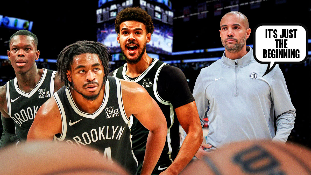 Jordi Fernandez saying "It's just the beginning" to Cam Thomas, Dennis Schroder, and Cam Johnson