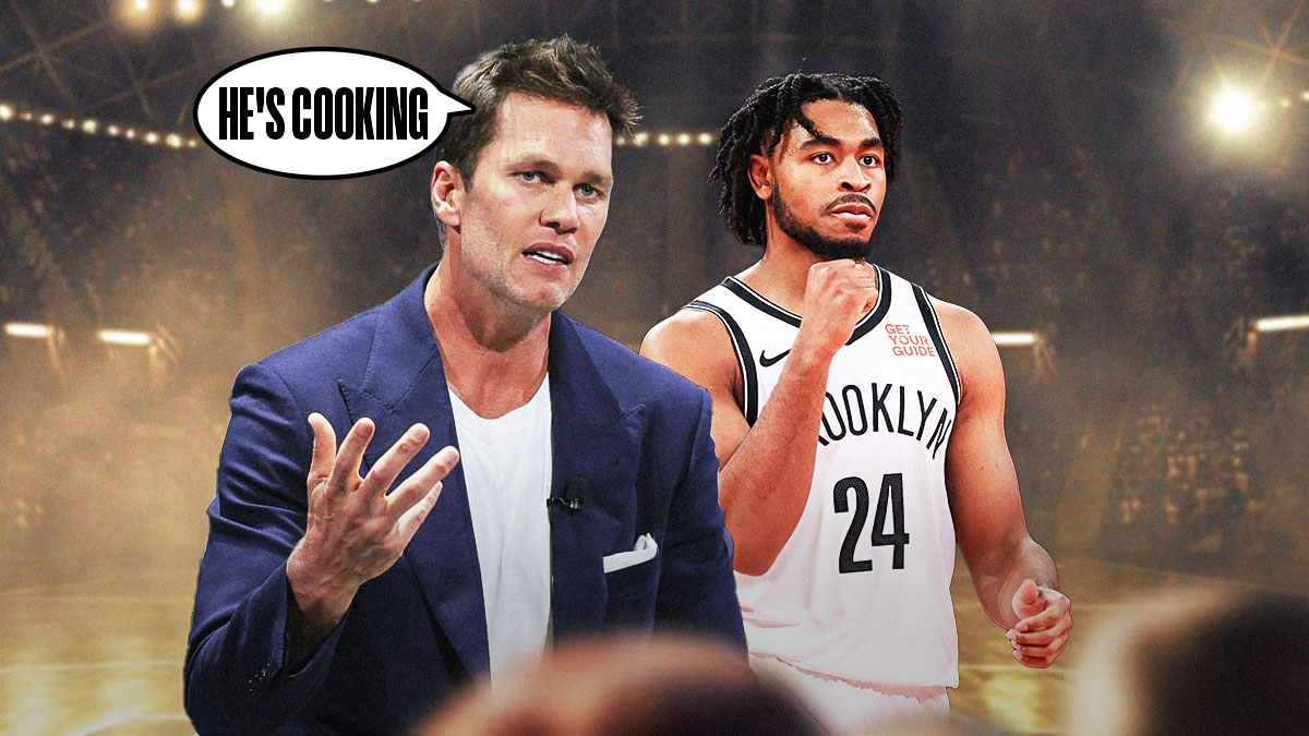Tom Brady with a speech bubble saying, "He's cooking" and Cam Thomas on the other side