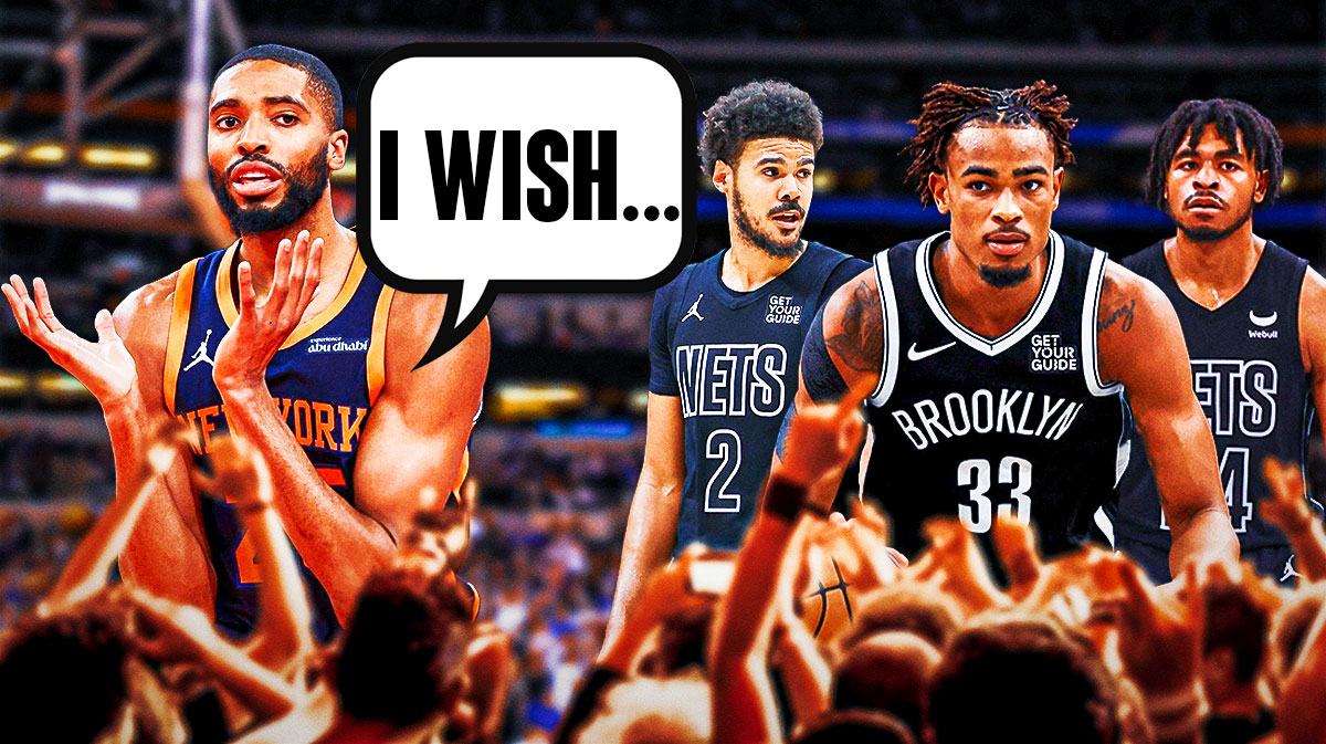 Mikal Bridges in a Knicks uniform with a speech bubble saying "I wish..." and Cam Johnson, Cam Thomas, and Nic Claxton on the other side