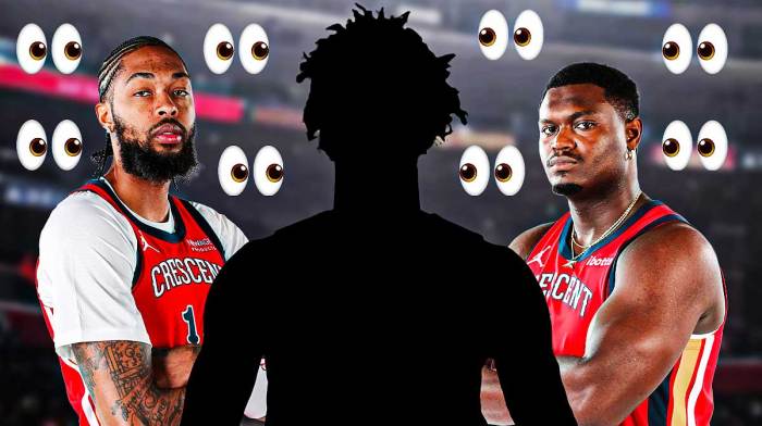 Pelicans' Brandon Ingram and Zion Williamson with eyes emoji around them while looking at a silhouette of Elfrid Payton