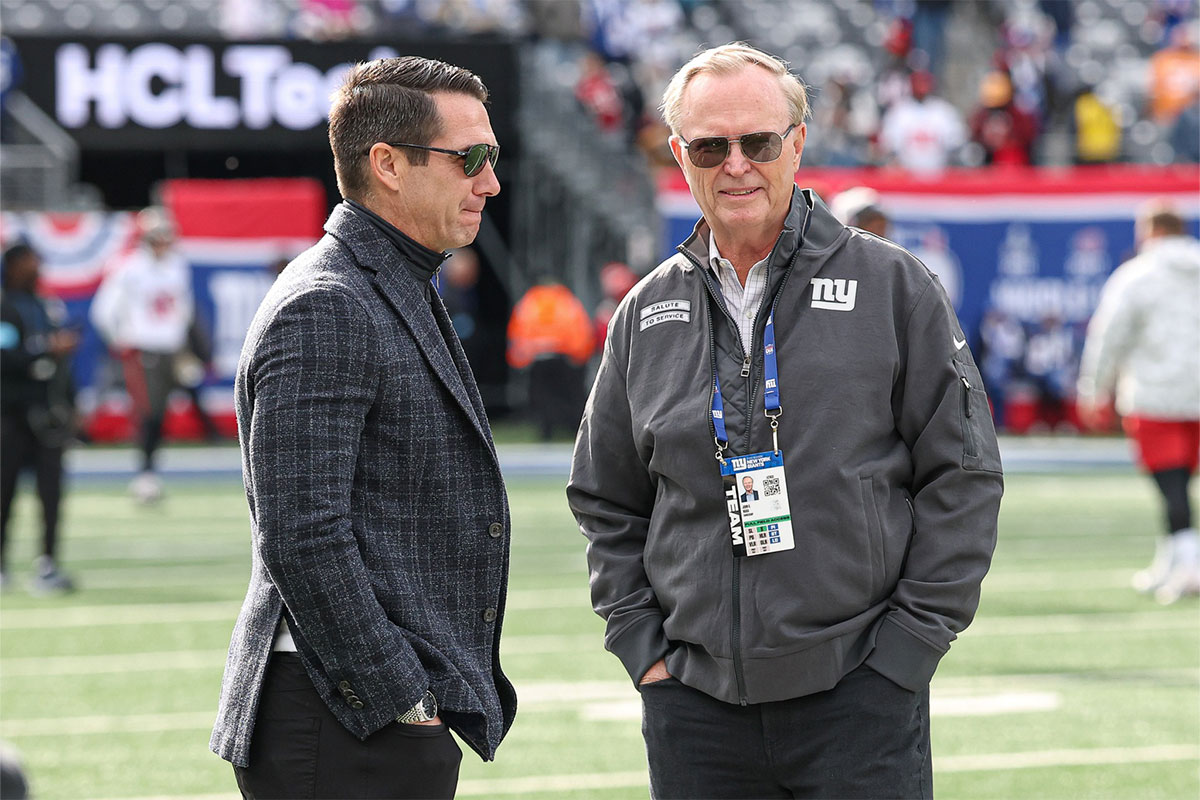 New York Giants owner John Mara, left, and New York Giants general manager Joe Schoen on the field before the game between the Giants and the Tampa Bay Buccaneers at MetLife Stadium.