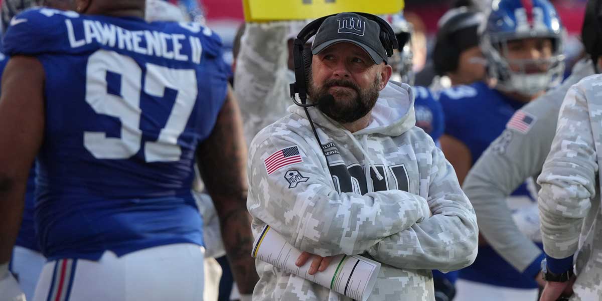 East Rutherford, NJ -- November 24, 2024 -- Giants head coach Brian Daboll late in the first half as the Tampa Bay Buccaneers came to MetLife Stadium to play the New York Giants.