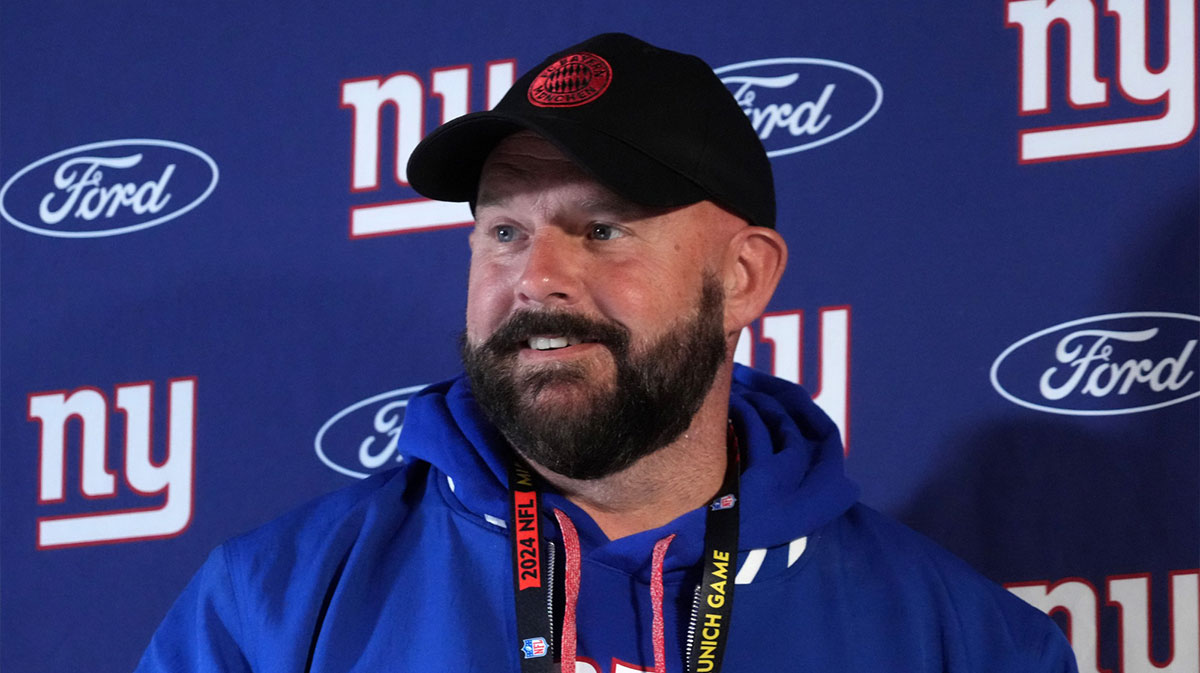 New York Giants coach Brian Daboll during press conference at the FC Bayern training grounds at Sabener Strasse.