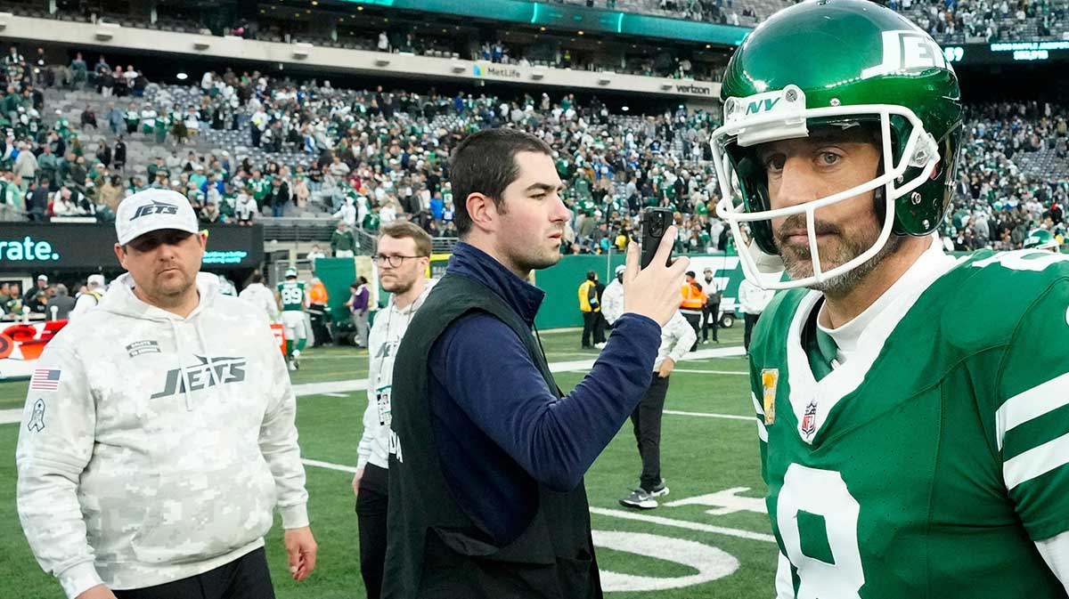 New York Jets QB Aaron Rodgers (8) after 28-27 loss to the Indianapolis Colts on Sunday, Nov. 17, 2024 at MetLife Stadium.