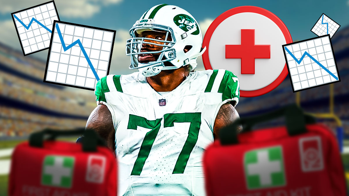 New York Jets OL Tyron Smith with red medical cross and medical kit behind him, as 📉 emojis are sprinkled throughout background.