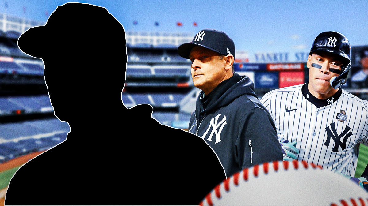 A silhouette of Chris Taylor of the Los Angeles Dodgers on one side, Aaron Judge and Aaron Boone on the other side