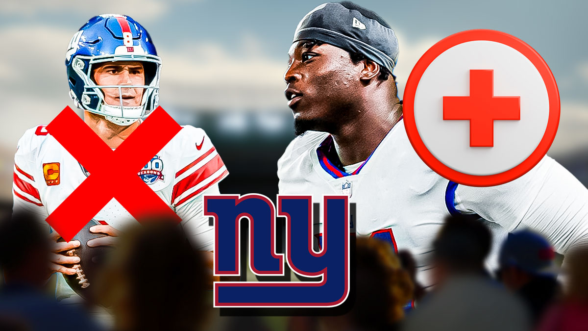 Daniel Jones upset with an X over him, Azeez Ojulari with a first aid logo over him. A Giants logo in-between them both, with them both in Metlife Stadium
