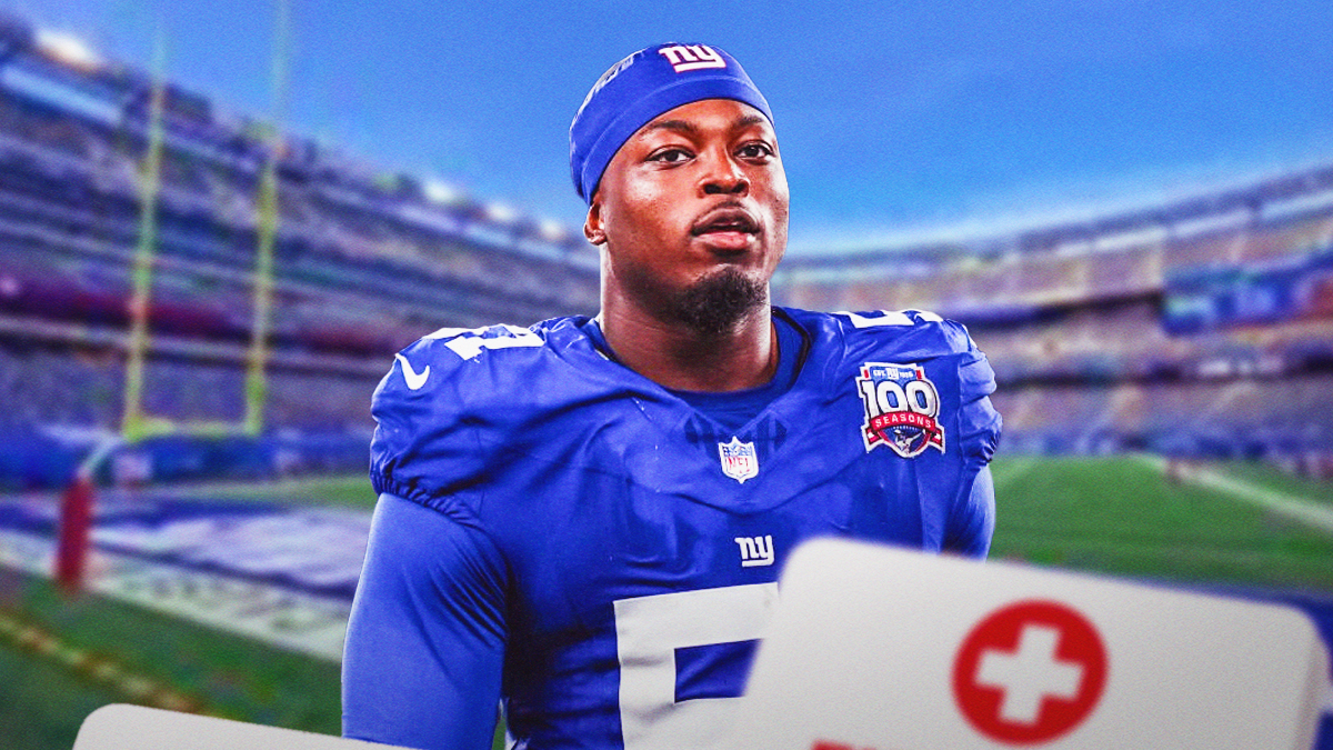 Azeez Ojulari in a New York Giants uniform with red and white first aid symbol as the Giants placed Ojulari on IR with toe injury hurting the giants defense after the team released QB daniel jones.