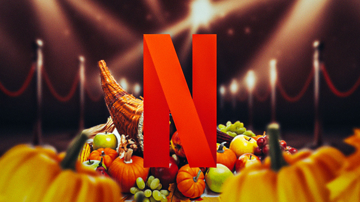 Netflix logo in front of Thanksgiving dinner.