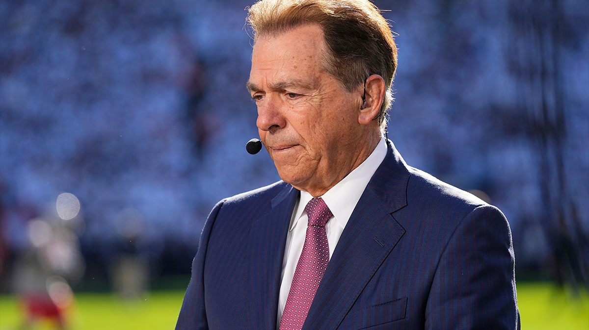 Nick Saban sits on the ESPN College Gameday set prior to the NCAA football game between the Penn State Nittany Lions and the Ohio State Buckeyes at Beaver Stadium in University Park, Pa. on Saturday, Nov. 2, 2024.