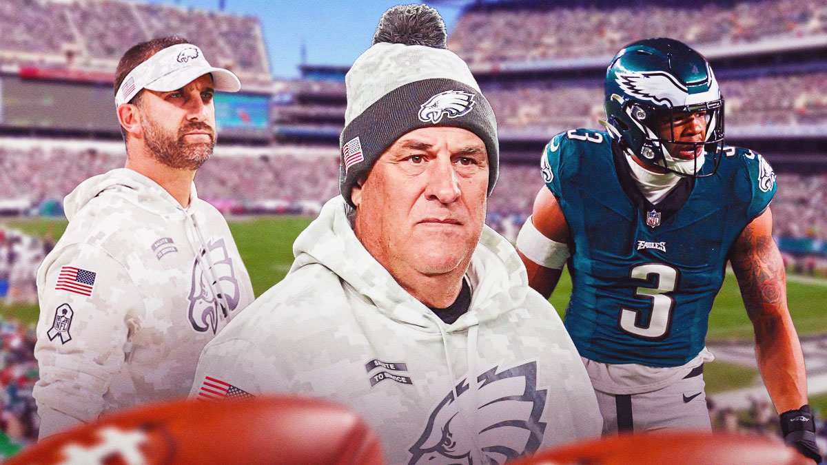 Nick Sirianni, Vic Fangio and Nolan Smith in front of the Eagles stadium
