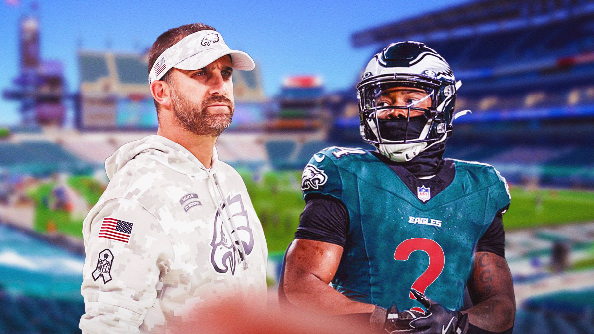 Nick Sirianni next to Kenneth Gainwell with a question mark over his number