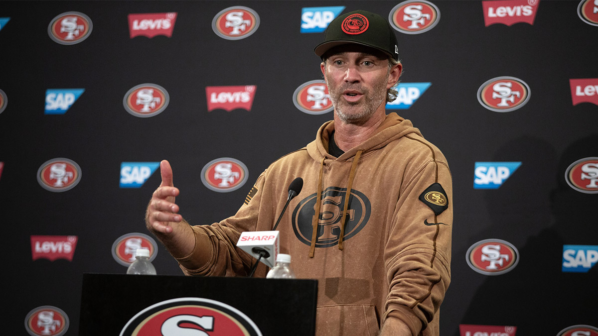 San Francisco 49ers defensive coordinator Nick Sorensen answers questions at a press conference following Day 3 of training camp at SAP Performance Facility.