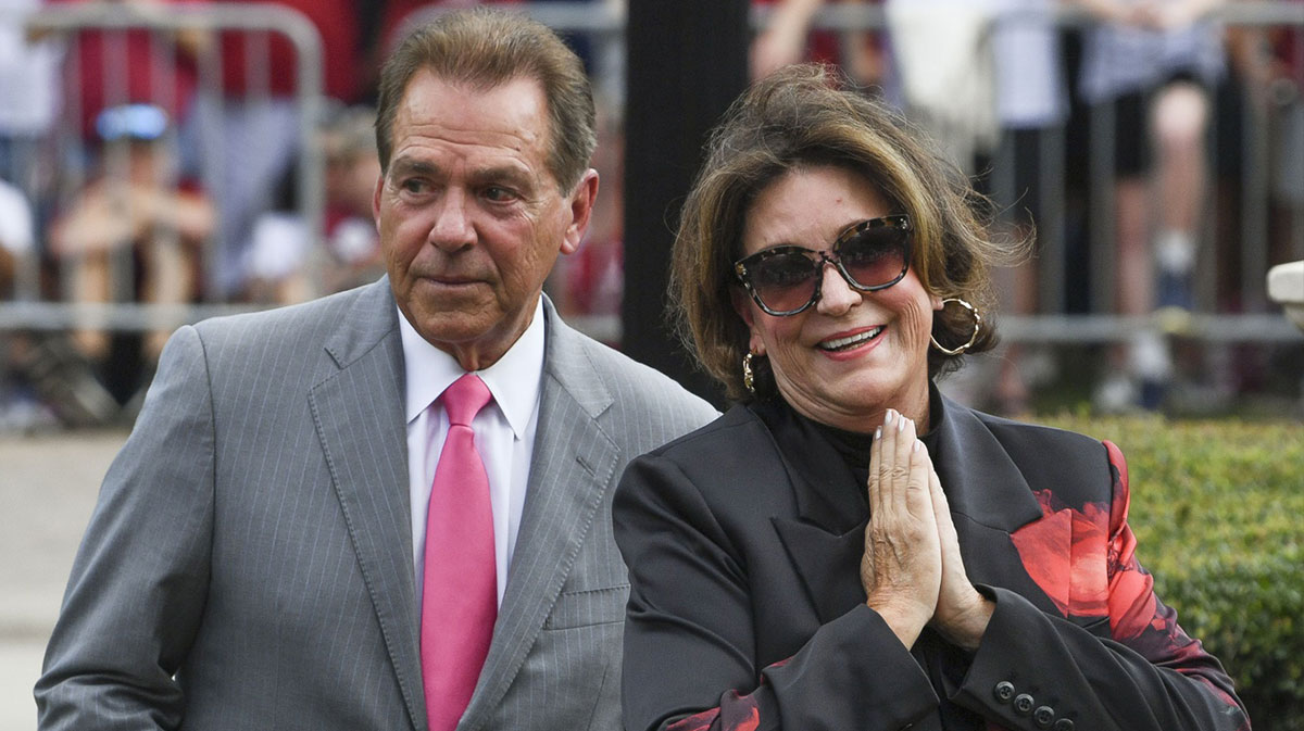 Alabama Crimson Tide former head coach Nick Saban and his wife Terry react during a ceremony to rename the field at Bryant-Denny Stadium in his honor. The new name is Saban Field at Bryant-Denny Stadium.