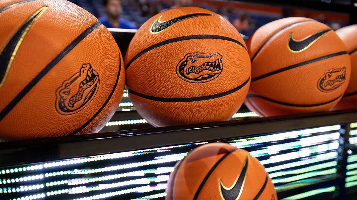 A general view of the Gators basketballs before the game between the Florida Gators and Jacksonville Dolphins at Exactech Arena at the Stephen C. O'Connell Center.