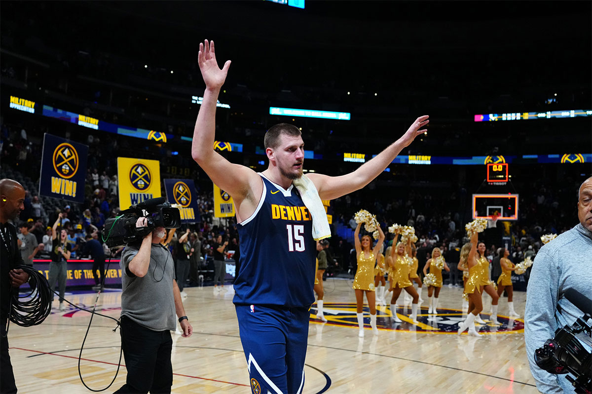 Denver Nuggets center Nikola Jokic (15) after beating the Dallas Mavericks at Ball Arena. 