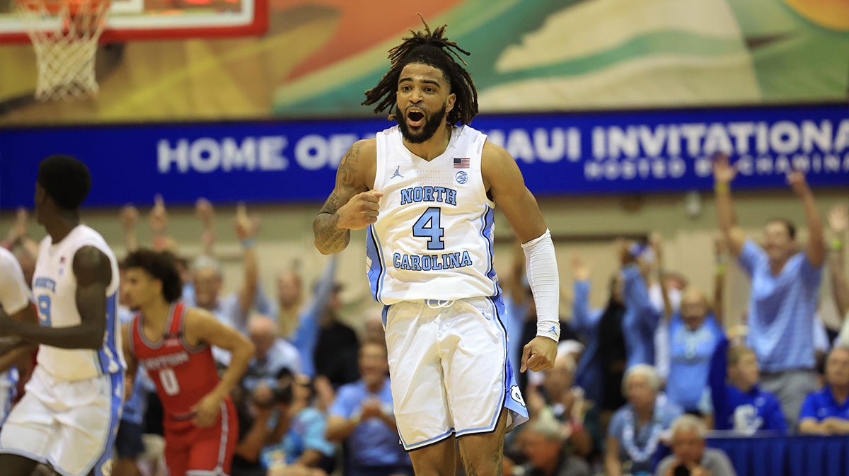 North Carolina Tar Heels guard RJ Davis (4) reacts to scoring against the Dayton Flyers during the second half of an NCAA college basketball game at Lahaina Civic Center.