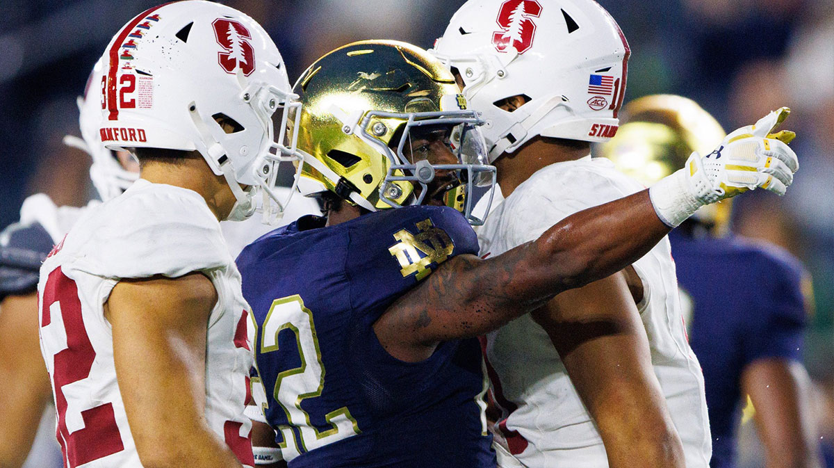 Notre Dame running back Devyn Ford (22) celebrates getting a first down during a NCAA college football game between Notre Dame and Stanford at Notre Dame Stadium on Saturday, Oct. 12, 2024, in South Bend.