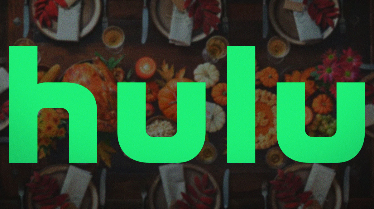 Hulu logo with Thanksgiving feast background.
