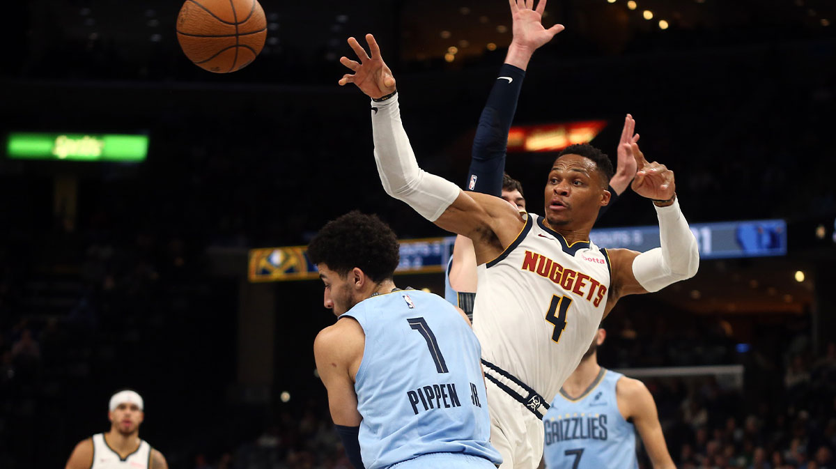 Nuggets guard Russell Westbrook (4) passes the ball