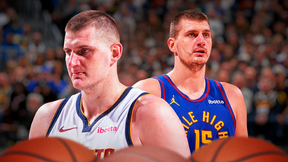 Nikola Jokic holding a basketball with Ball Arena behind him