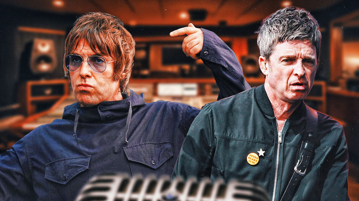 Oasis members Liam and Noel Gallagher ahead of their reunion tour in a recording studio.