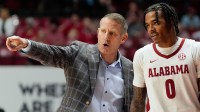 Alabama head coach Nate Oats gives directions to Alabama guard Labaron Philon (0) at Coleman Coliseum. Alabama defeated McNeese 72-64.