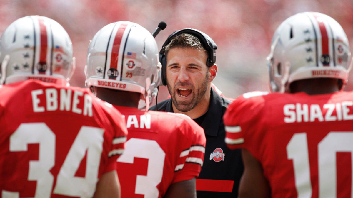 Ohio State assistant coach Mike Vrabel gives instructions during a break in a game between the Buckeyes and the University of Toledo at Ohio Stadium on Sept. 10, 2011.