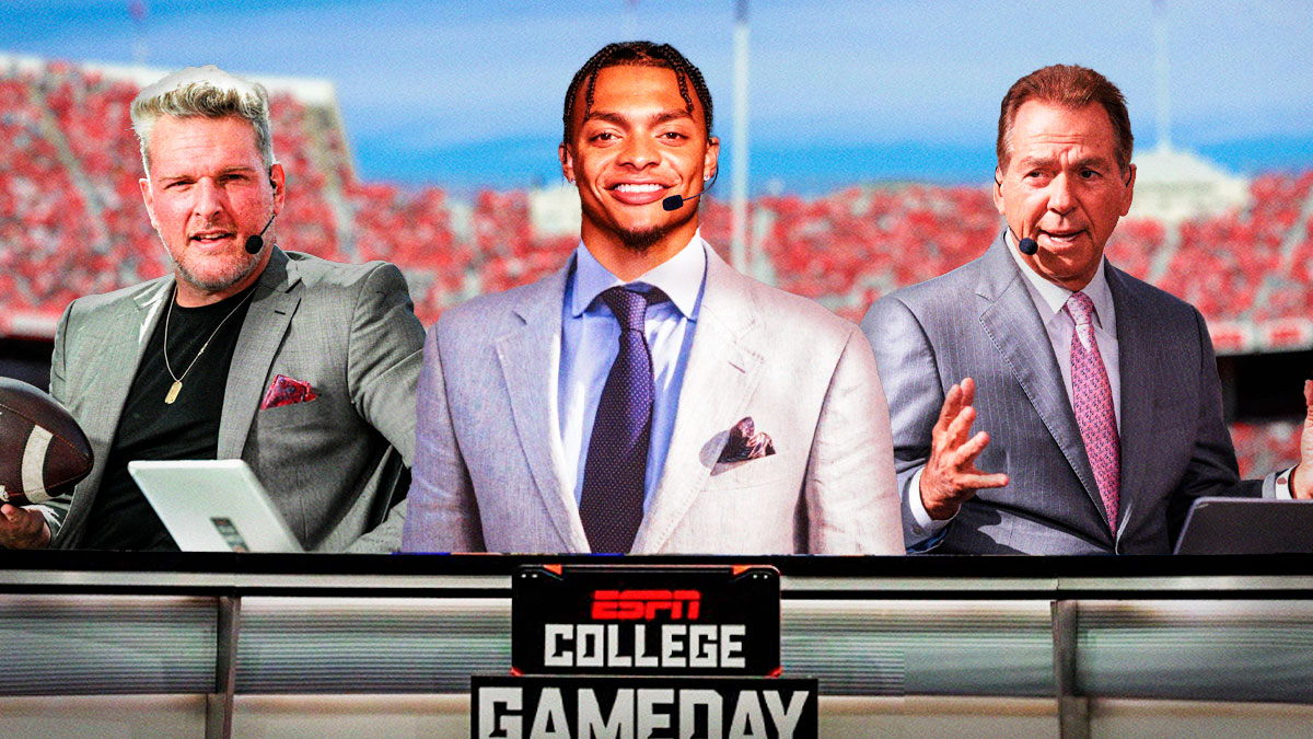 Justin Fields sitting next to Pat McAfee and Nick Saban on the College Gameday panel