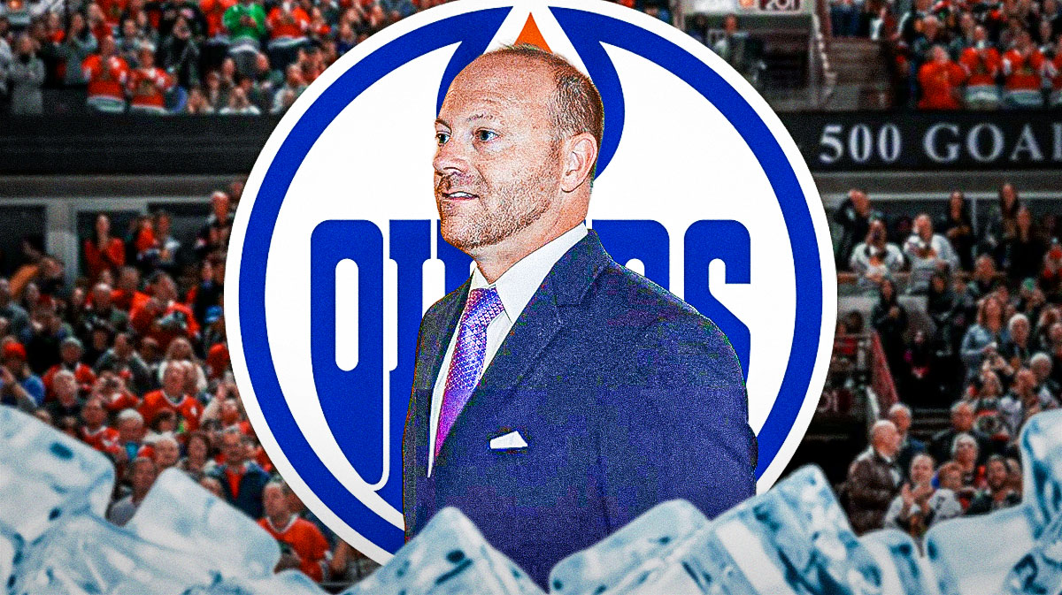 Oilers GM Stan Bowman in middle of image, Edmonton Oilers logo, hockey rink in background