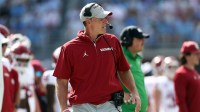Oklahoma Sooners head coach Brent Venables watches during the first half against the Mississippi Rebels at Vaught-Hemingway Stadium.