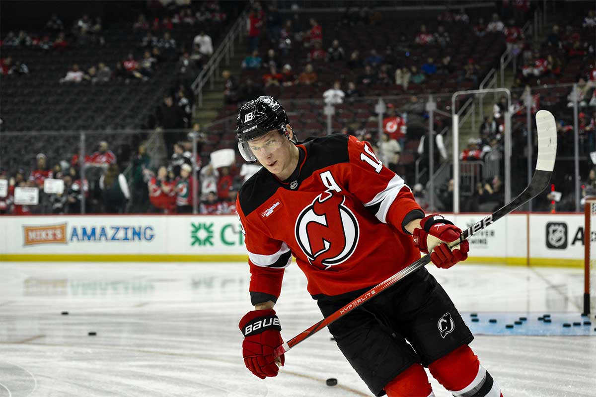 New Jersey Devils left wing Ondrej Palat (18) before a game against the San Jose Sharks at Prudential Center.