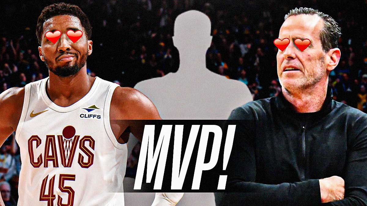 A silhouetted player next to Kenny Atkinson and Donovan Mitchell (who have hearts in their eyes) and "MVP!" is all over the image
