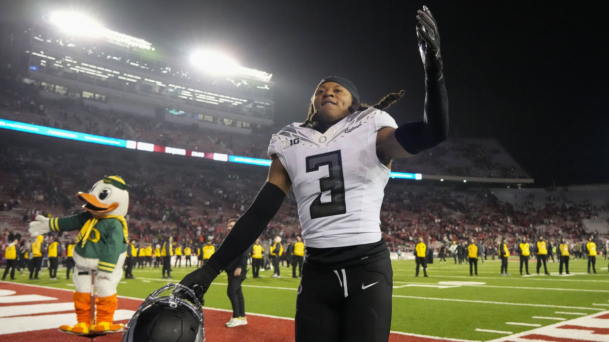 Nov 16, 2024; Madison, Wisconsin, USA; Oregon football defensive back Brandon Johnson (3) celebrates following the game against the Wisconsin Badgers at Camp Randall Stadium.