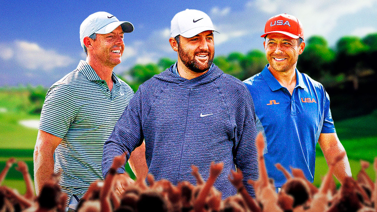 scottie scheffler, rory mcilroy and xander schauffele smiling as pga tour finalists