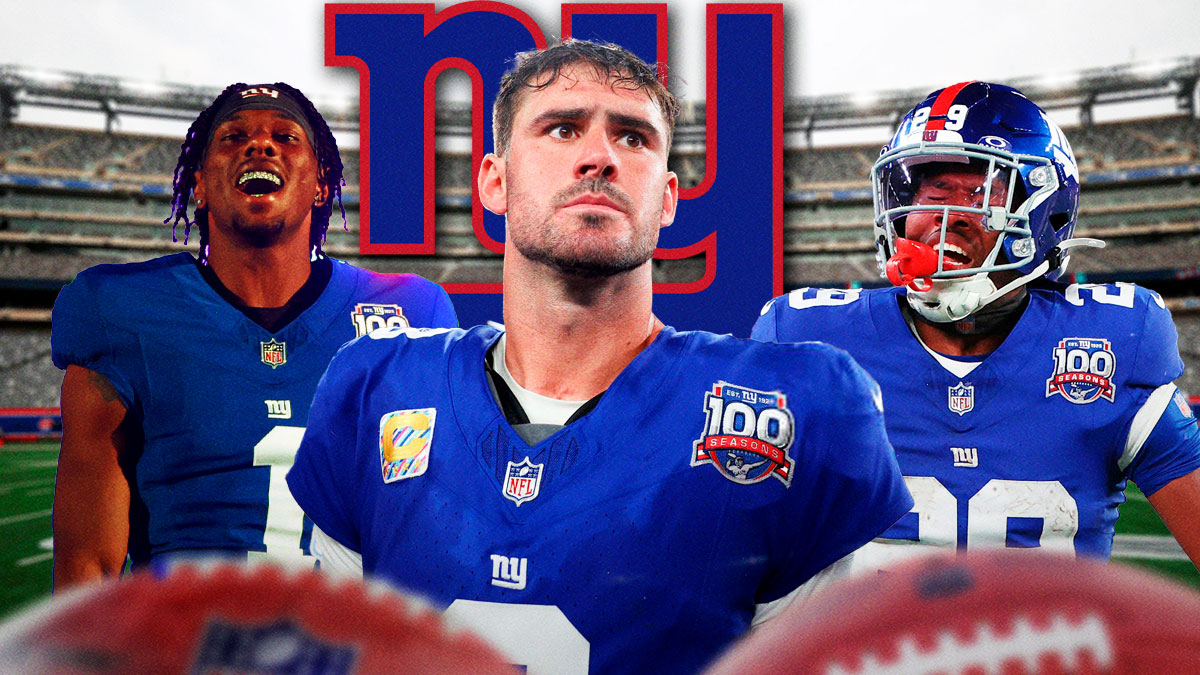 New York Giants QB Daniel Jones with RB Tyrone Tracy Jr. and WR Malik Nabers. There is also a logo for the New York Giants.
