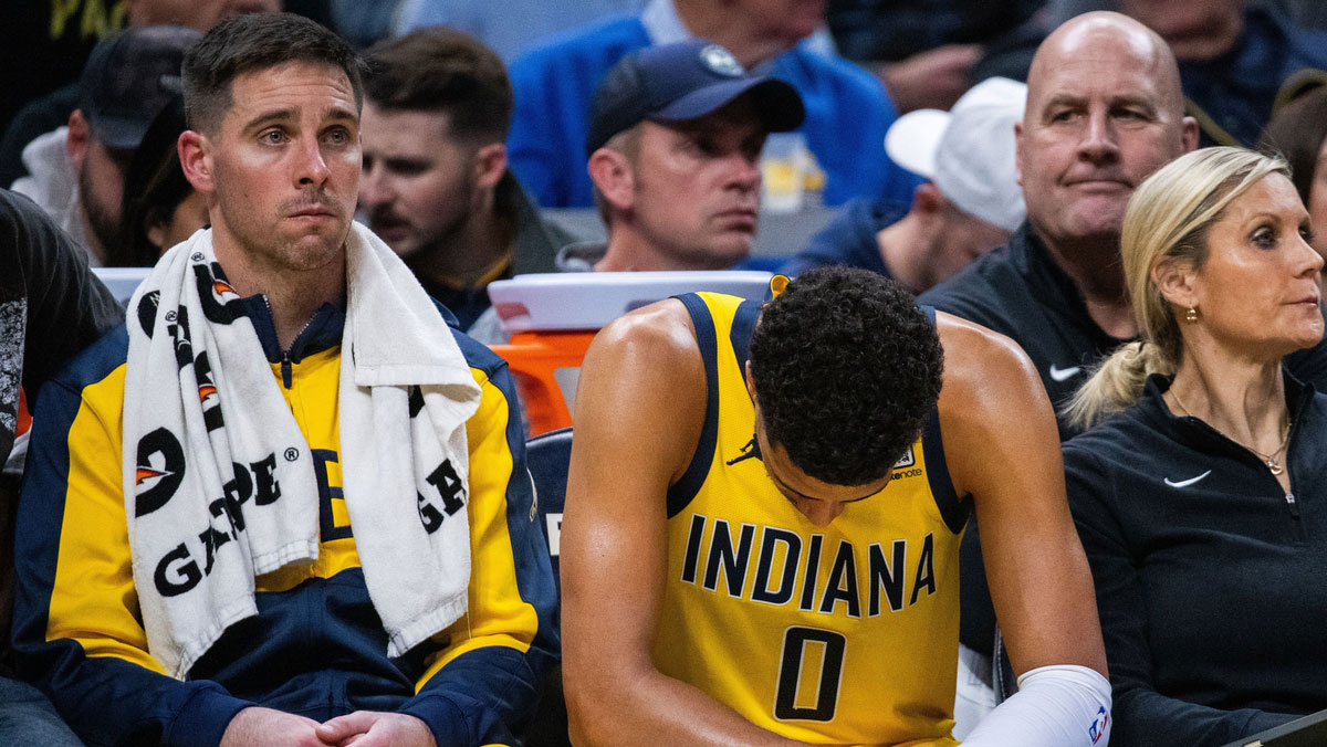 Indiana Pacers guard Tyrese Haliburton (0) reacts in the second half against the Miami Heat at Gainbridge Fieldhouse. 