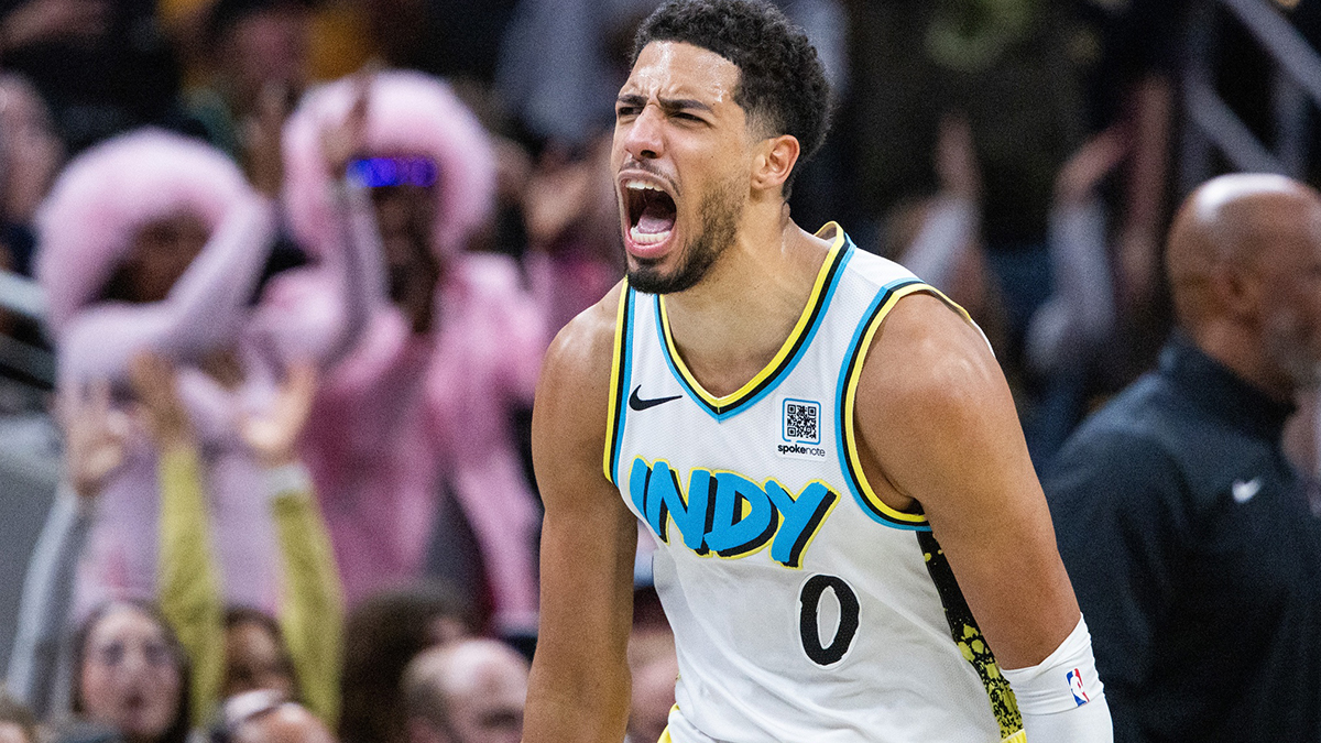 Indiana Pacers guard Tyrese Haliburton (0) celebrates a made basket in the second half against the Portland Trail Blazers at Gainbridge Fieldhouse. 