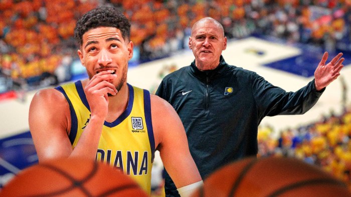 Image of Pacers coach Rick Carlisle looking angry and pointing next to image of Tyrese Haliburton looking upset