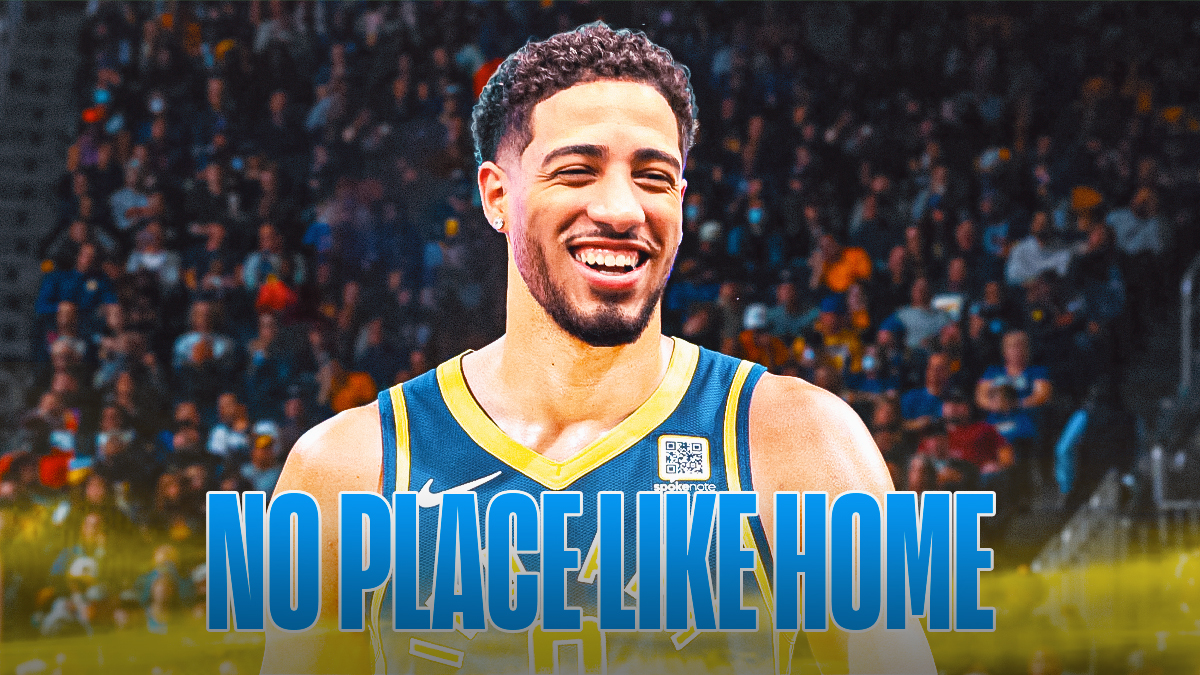 Pacers' Tyrese Haliburton smiling, caption below: NO PLACE LIKE HOME