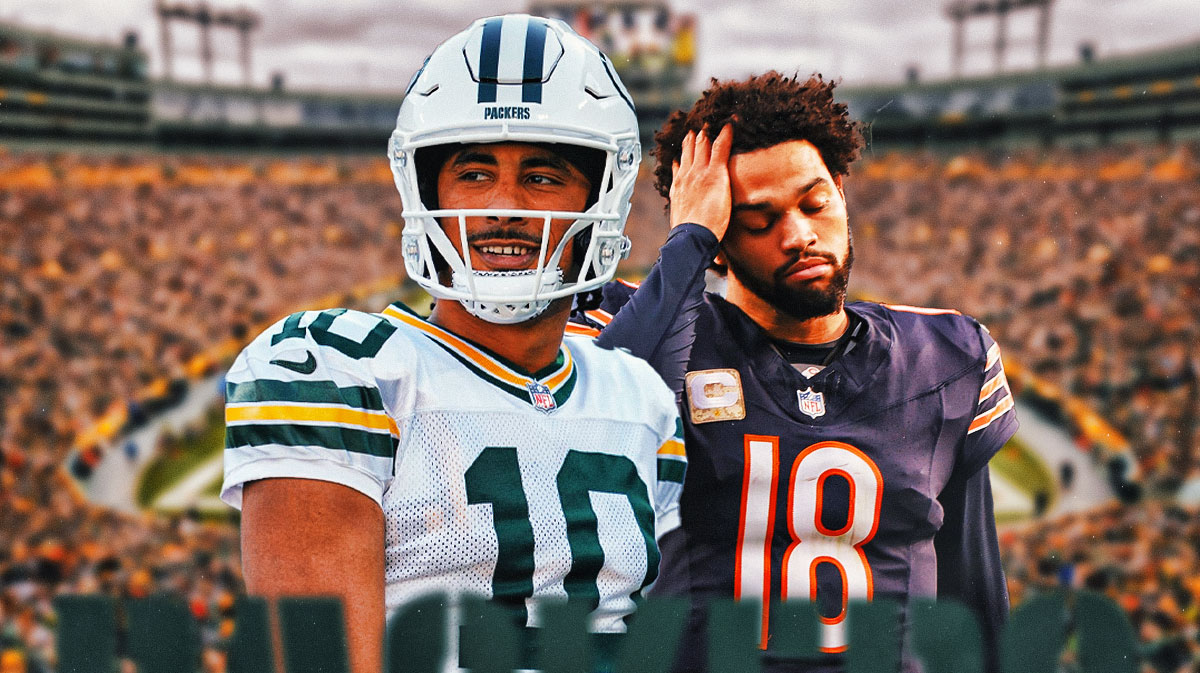 Packers Jordan love smiling/celebrating next to Bears Caleb Williams looking sad