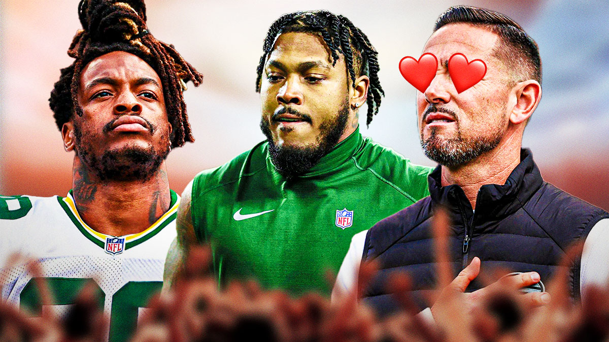 Green Bay Packers head coach Matt LaFleur with hearts on his eyes and Packers safety Xavier McKinney and Packers running back Josh Jacobs next to him